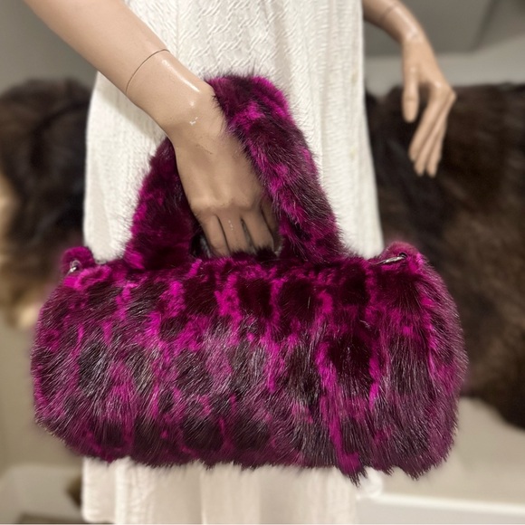 Leopard Real Mink Fur Handmade Fur Handles Barrel Bag/Shoulder Bag/Crossbody Bag - Picture 4 of 16